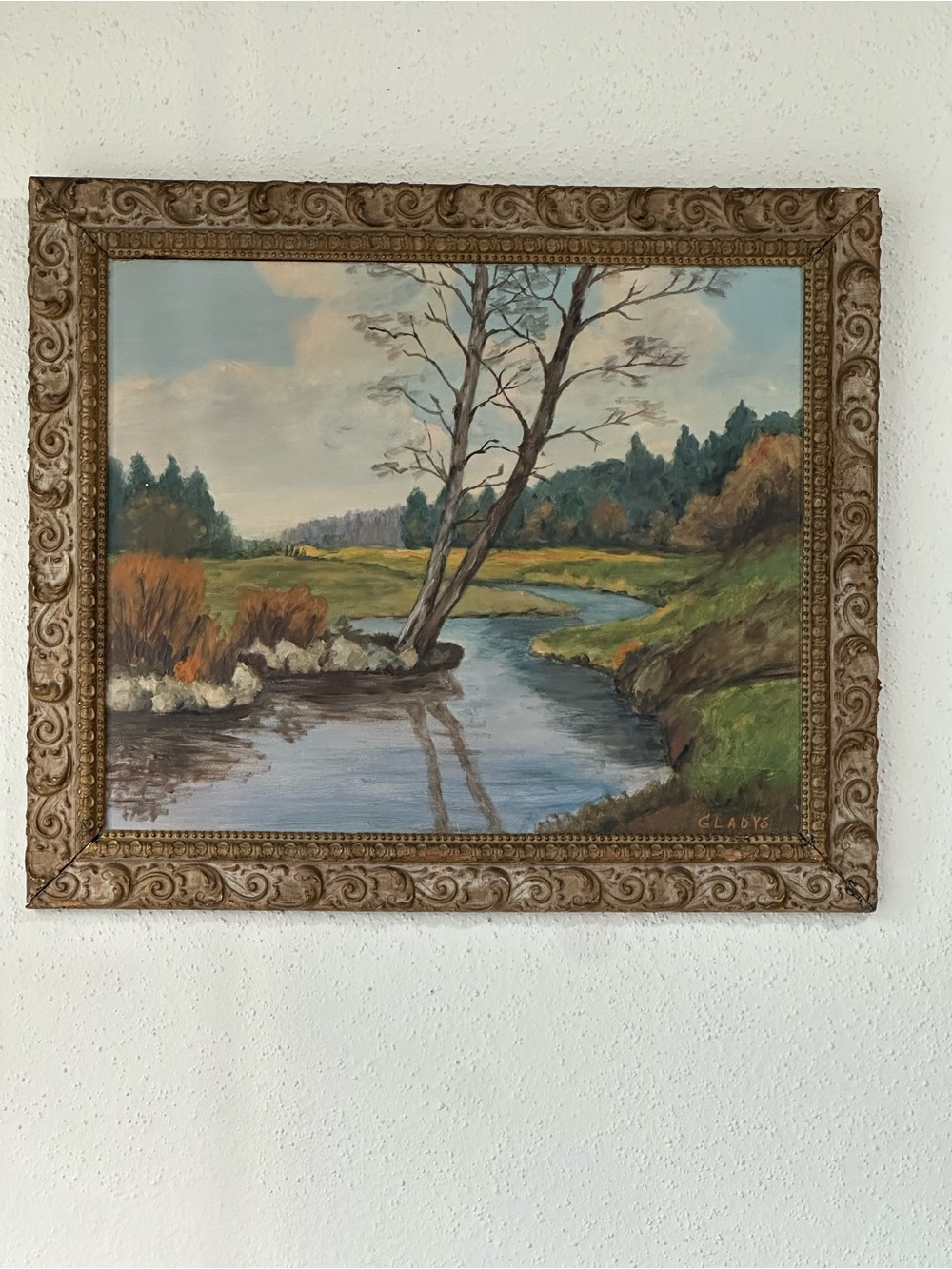 Mid Century Landscape oil painting. Signed Gladys framed in original frame.